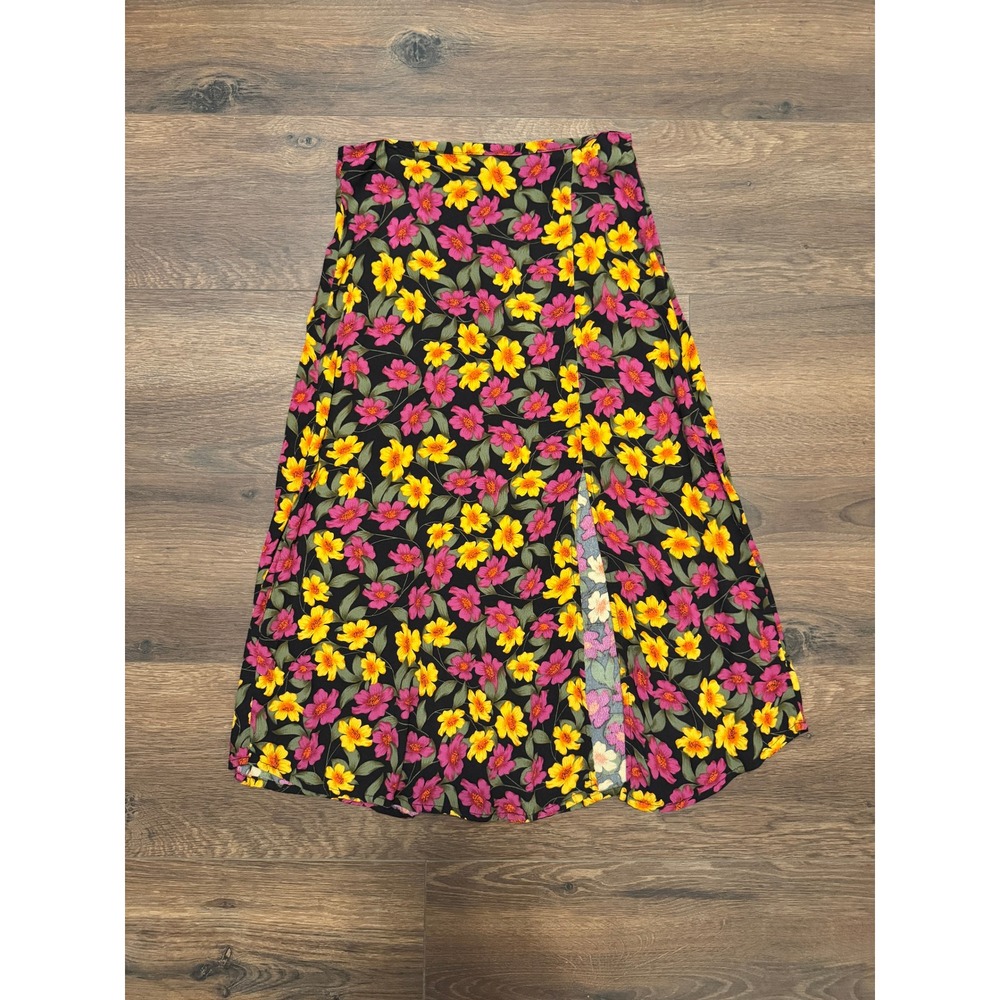 GB Giani Bernini Floral Midi Skirt Black Pink Yellow Slit Rayon XS GB6516PRE